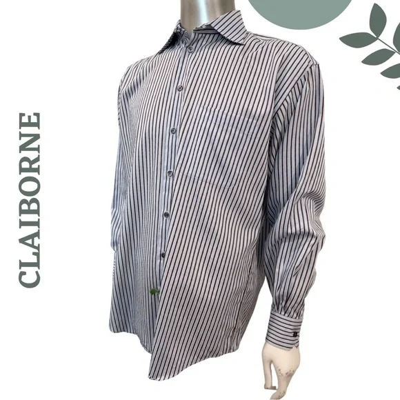🛍️3/$40 CLAIBORNE Men’s Striped Dress Shirt Classic Blue Brown - Size 16 - Picture 3 of 7